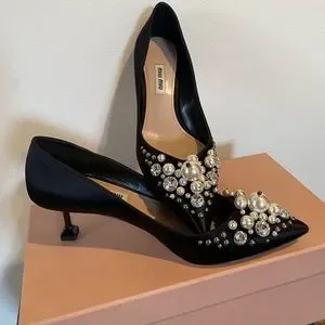 Miu Miu | Shoes | Miu Miu Black Satin Pumps Embellished With